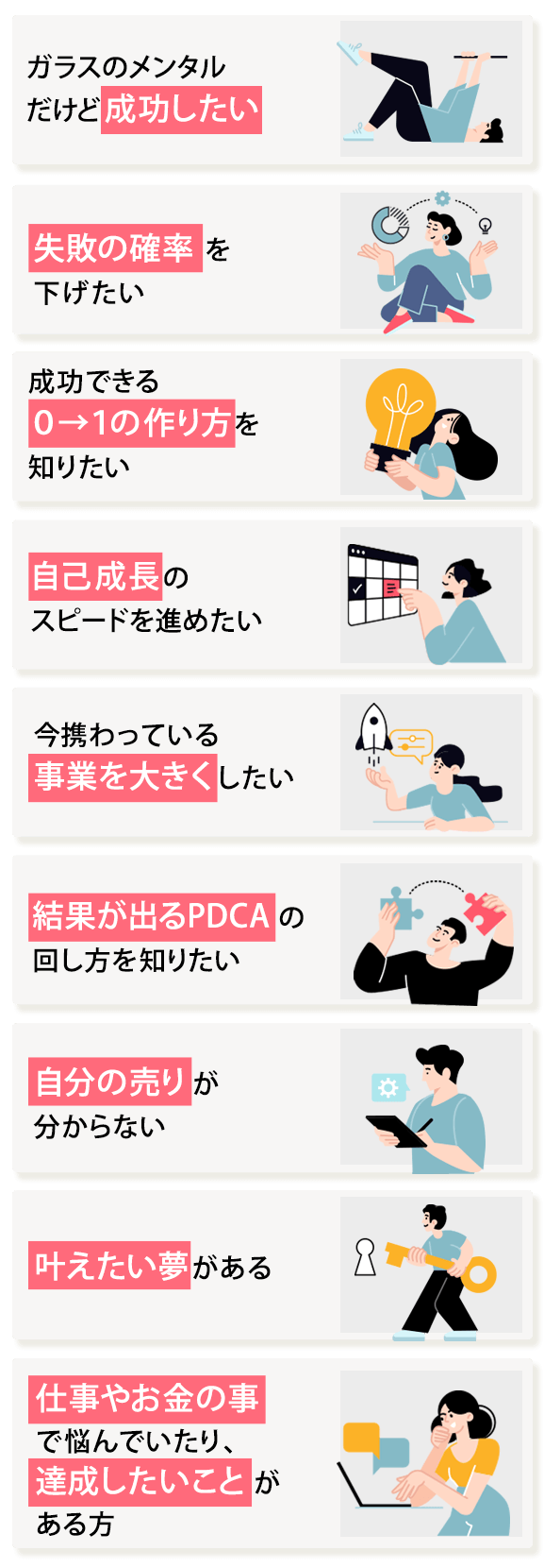 ガラスのメンタルだけど成功したい/失敗の確立を下げたい/成功できる０→１の作り方を知りたい/自己の成長スピードを速めたい/今携わっている事業を大きくしたい/結果が出るPDCAの回し方を知りたい/自分の売りがわからない/叶えたい夢がある/仕事やお金の事で悩んでいたり、達成したいことがある方。