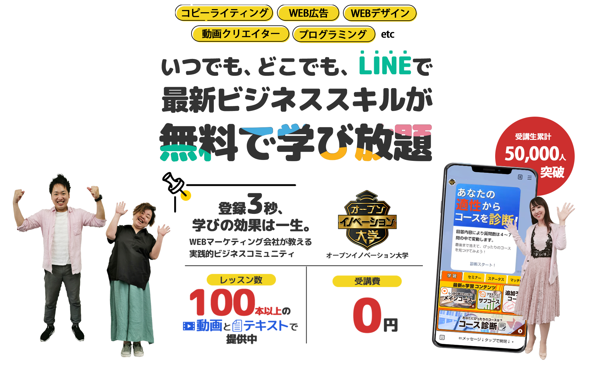 コピーライティング、WEB広告、WEBデザイン、動画クリエイター、プログラミングetc「いつでも、どこでも、LINEで最新ビジネススキルが無料で学び放題」年商30億円超のWEBマーケティング会社が教える実践的なビジネスコミュニティオープンイノベーション大学